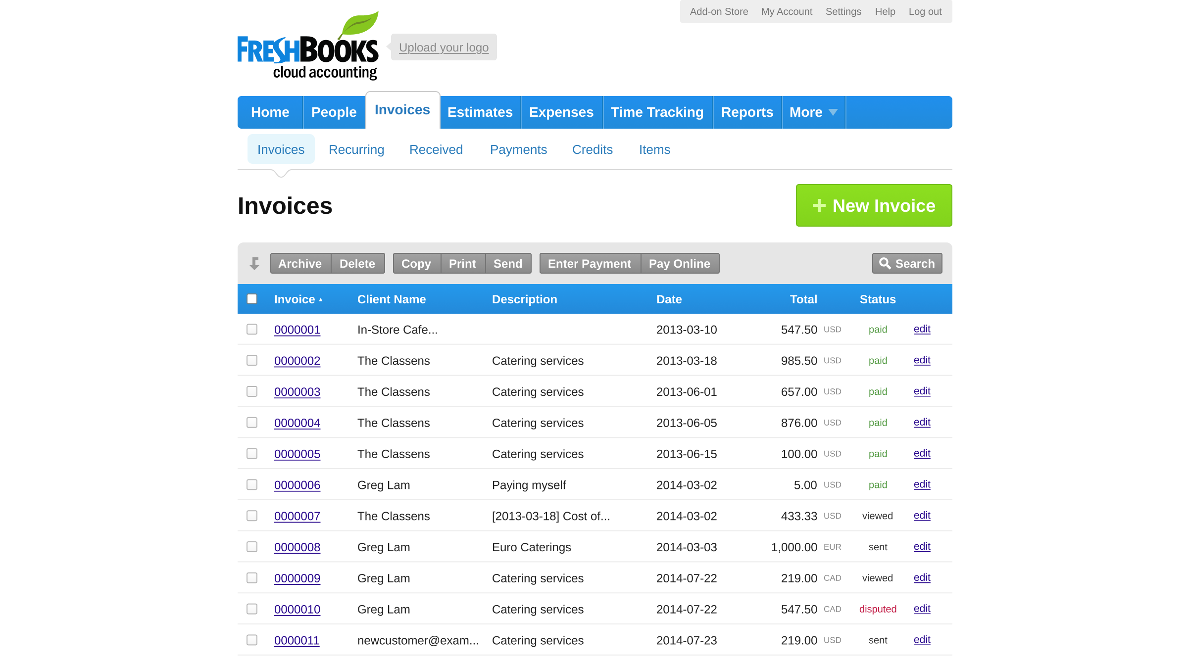 An early FreshBooks redesign exploration organized around clients